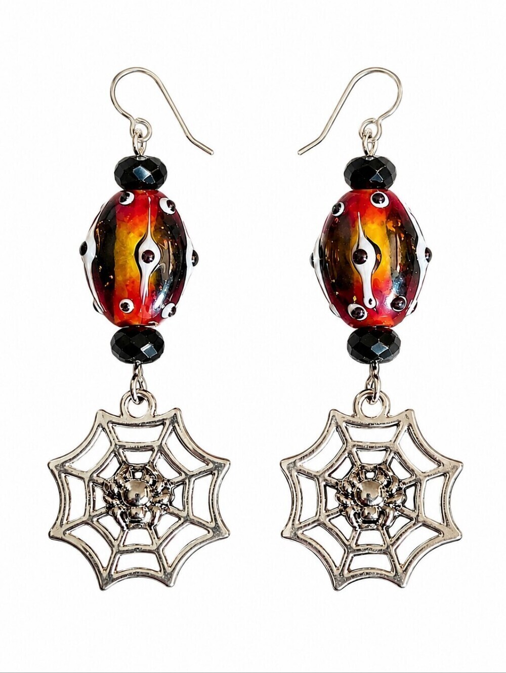 HANDMADE Halloween Lampwork Glass Bead Spider Web Gasparilla Dangle Earrings